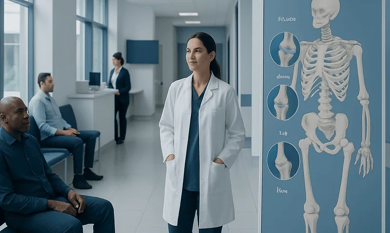 Doctor explaining skeletal joints to patients in a hospital setting.