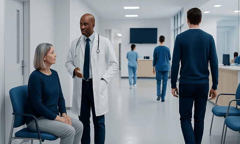 Doctor consulting with a patient in a hospital corridor.