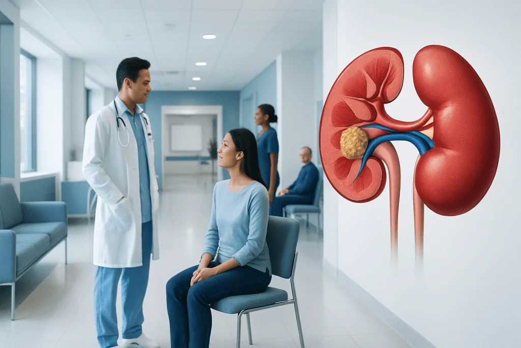 What Do Kidney Stones Look Like and When Should You Save One? 1 Doctor consulting patient about kidney stones in hospital corridor.