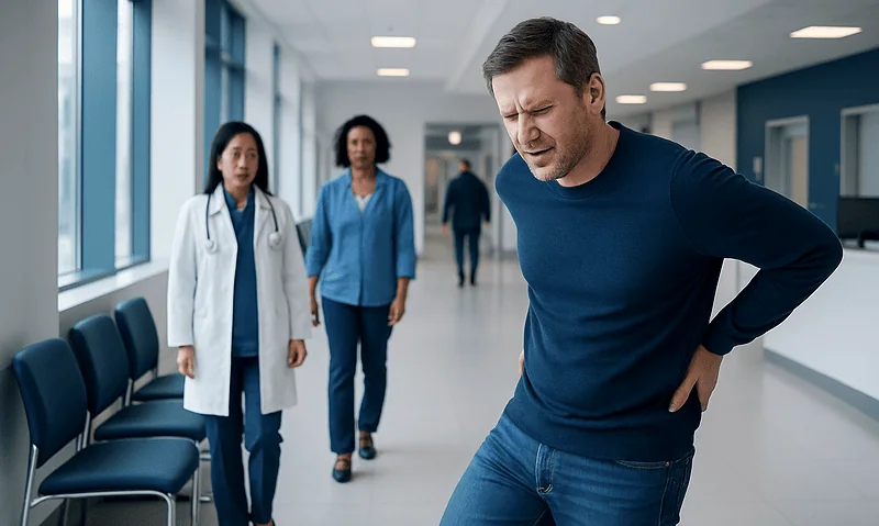 Man experiencing back pain in hospital corridor with medical staff nearby.