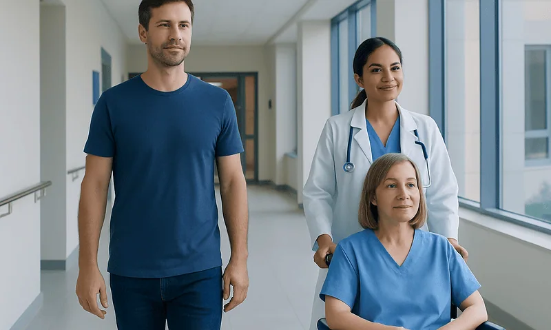 Medical team with patient in hospital corridor at Acibadem Hospitals Group.