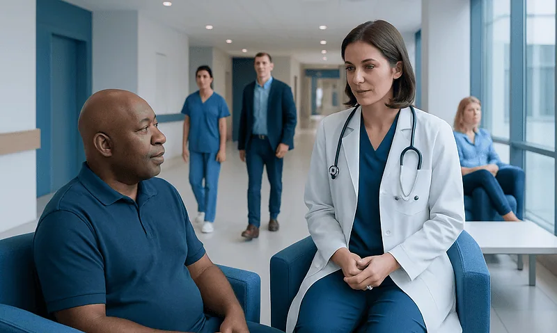 Doctor consulting with a patient in a hospital corridor.