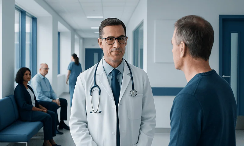 Cardiologist consulting a patient in a hospital corridor with other patients nearby.