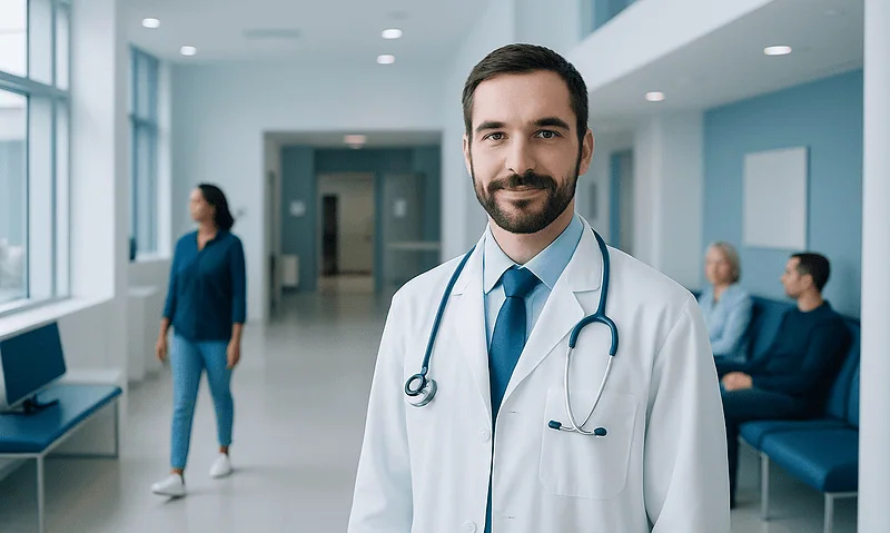 Thyroid doctor in hospital corridor with patients in background.