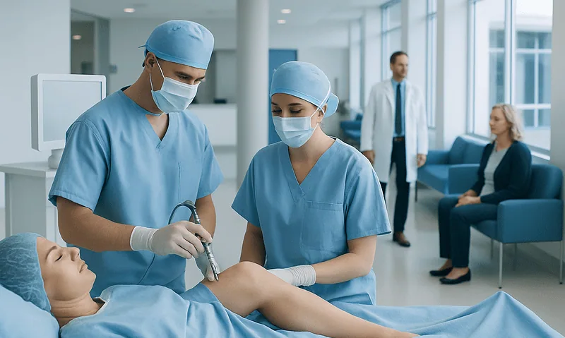 Medical team preparing for knee arthroscopy procedure in hospital.