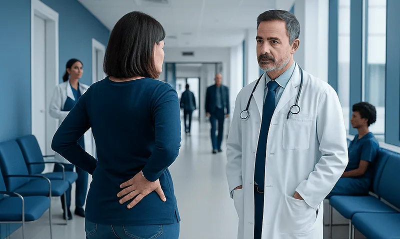 Doctor consulting a patient about back pain treatment options at a hospital.