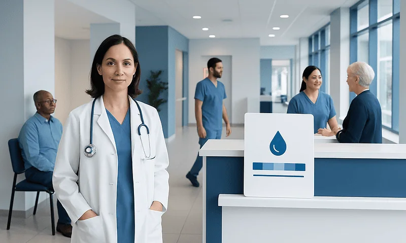 Healthcare professionals and patients at Acibadem Hospital reception area.