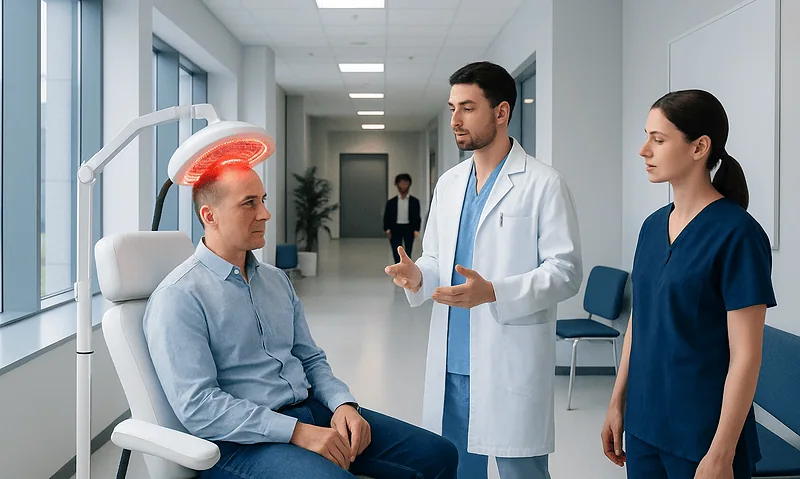 Doctor explains laser hair therapy to patient in clinic setting.