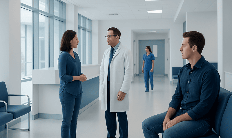 Medical consultation in a modern hospital corridor with doctor and patients.