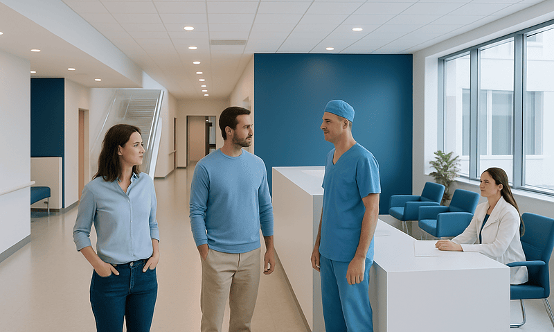 Patients consulting with a doctor at Acibadem Hospital reception area.