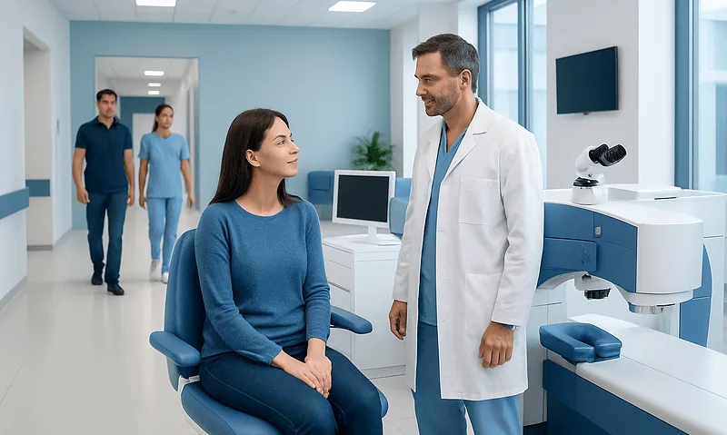 Ophthalmologist consulting with a patient in a modern eye clinic.