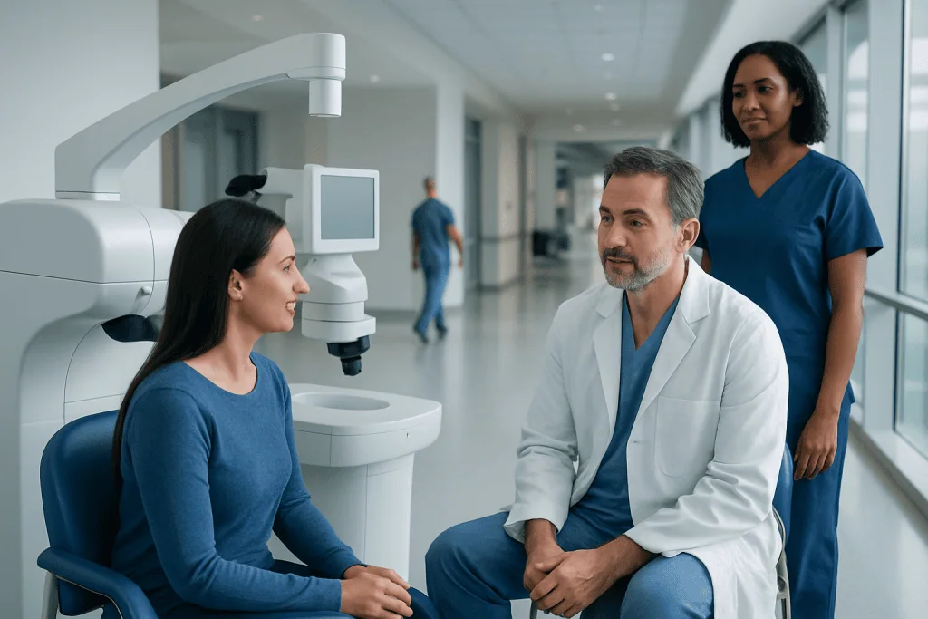 LASIK Eye Surgery: How It Improves Nearsightedness 1 Patient undergoing eye exam with ophthalmologist and nurse in modern clinic.