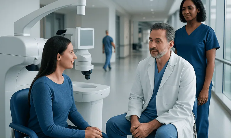Patient undergoing eye exam with ophthalmologist and nurse in modern clinic.