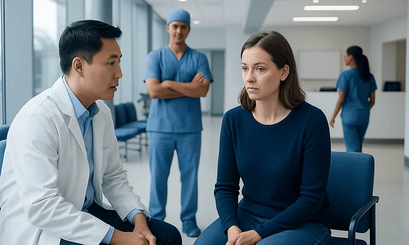 Doctor consulting with a woman patient in a hospital corridor.