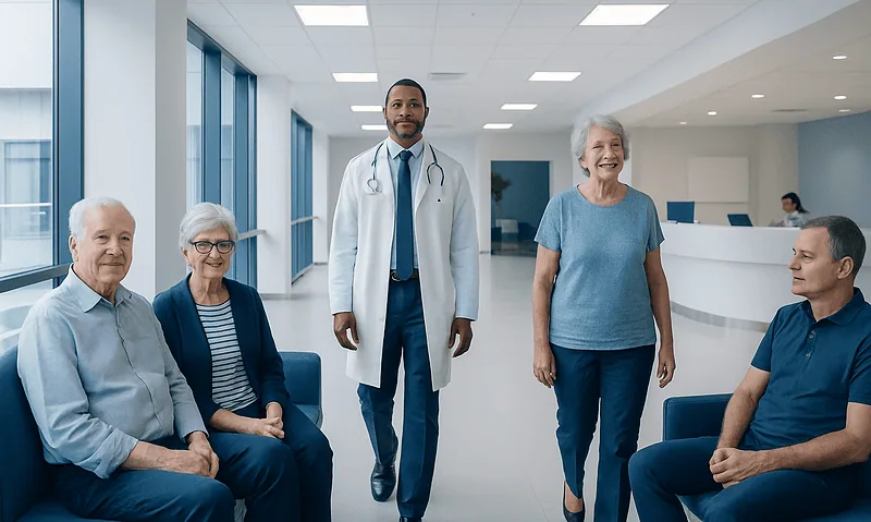 Healthcare professionals and elderly patients in a modern hospital waiting area.