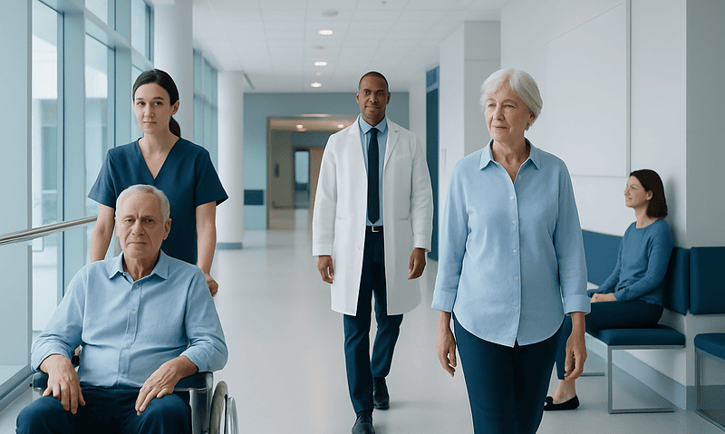 Diverse healthcare team with elderly patient in hospital corridor.