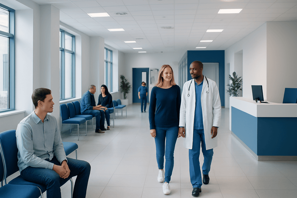 Life After Rehab: How Ongoing Addiction Treatment Supports Recovery 1 Doctor walking with patient in hospital corridor with waiting area.