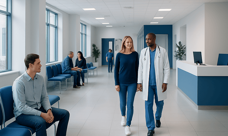 Doctor walking with patient in hospital corridor with waiting area.