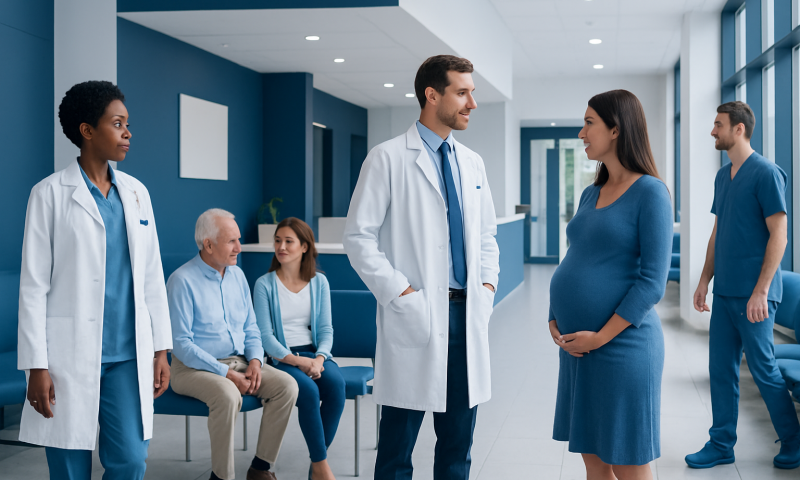 Healthcare professionals and a pregnant woman in a hospital corridor.