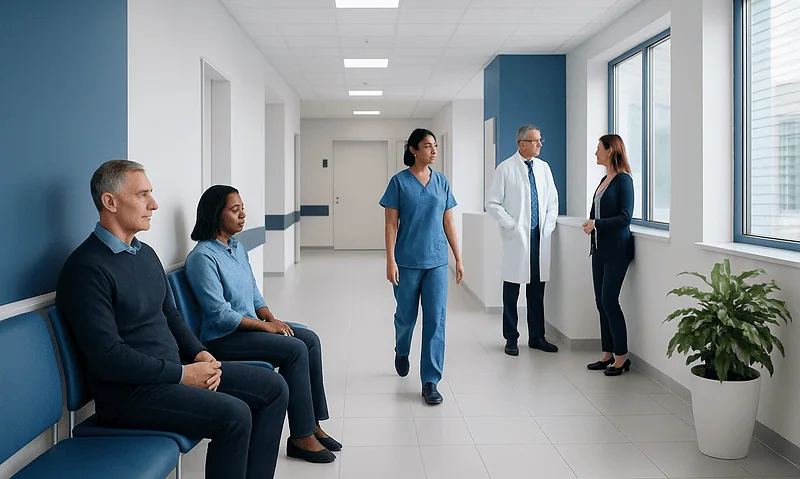Hospital waiting area with patients and medical staff in a modern healthcare facility.