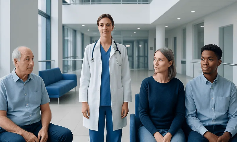 Healthcare professional with elderly and young patients in hospital lobby.