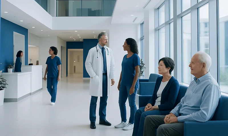 Healthcare professionals and patients in a modern hospital lobby.