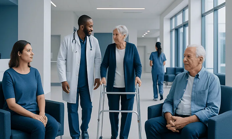Healthcare professionals assisting elderly patient in hospital setting.