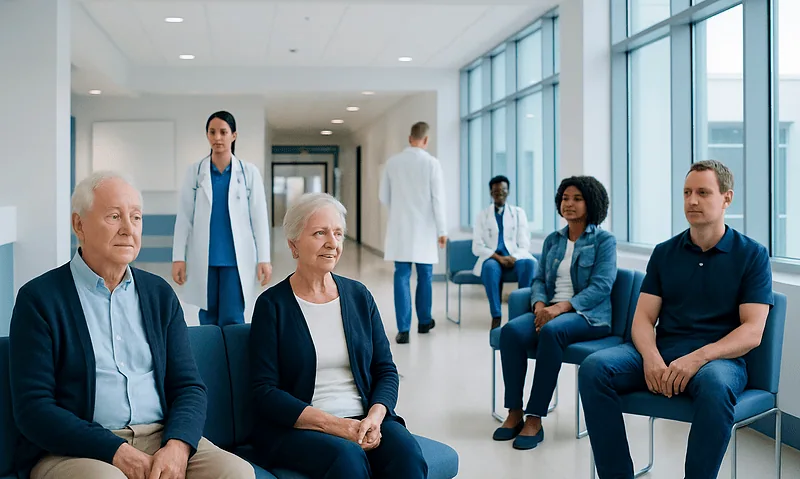 Patients waiting in a hospital corridor with medical staff nearby.