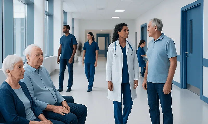 Healthcare professionals and elderly patients in a hospital corridor.