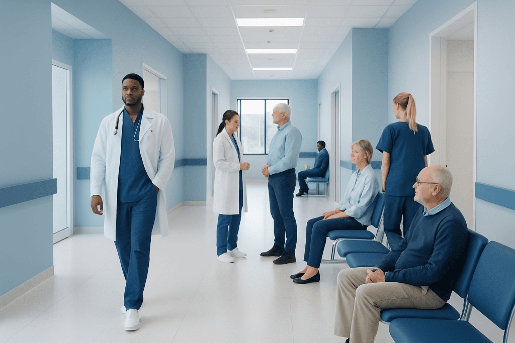 Life Span Trends Worldwide: Why People Live Longer in Some Places 1 Healthcare professionals and patients in a modern hospital corridor.