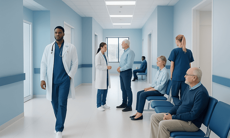 Healthcare professionals and patients in a modern hospital corridor.