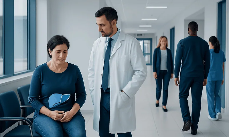 Doctor consulting a patient in a hospital corridor.
