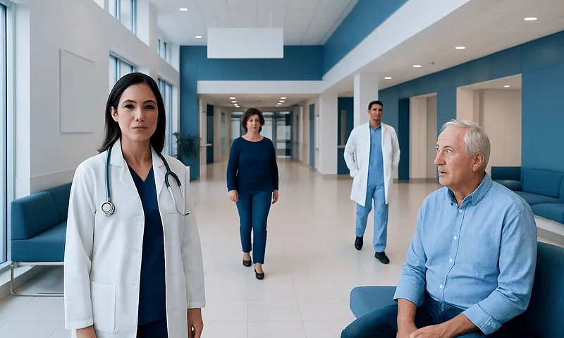 Medical team with doctor and patient in hospital corridor.