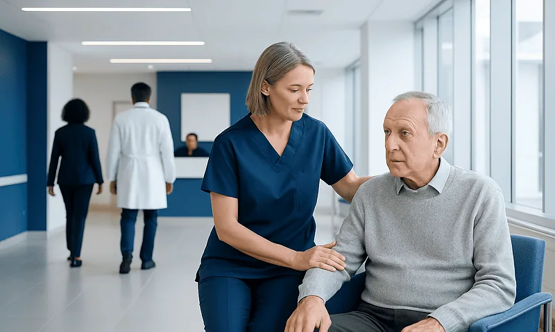 Nurse caring for elderly patient in hospital corridor.