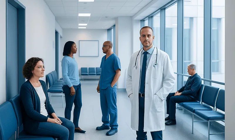 Medical professionals and patients in a hospital corridor.