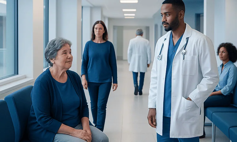 Living With Heart Failure: Daily Self-Care, Diet, and Monitoring 13 Doctor consulting with elderly patient in hospital corridor.