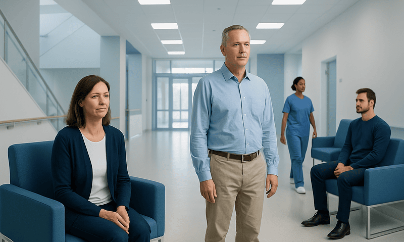 Medical professionals waiting in a hospital corridor with a doctor standing.