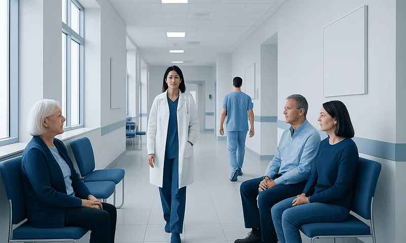 Medical consultation in a hospital corridor with patients and a doctor.