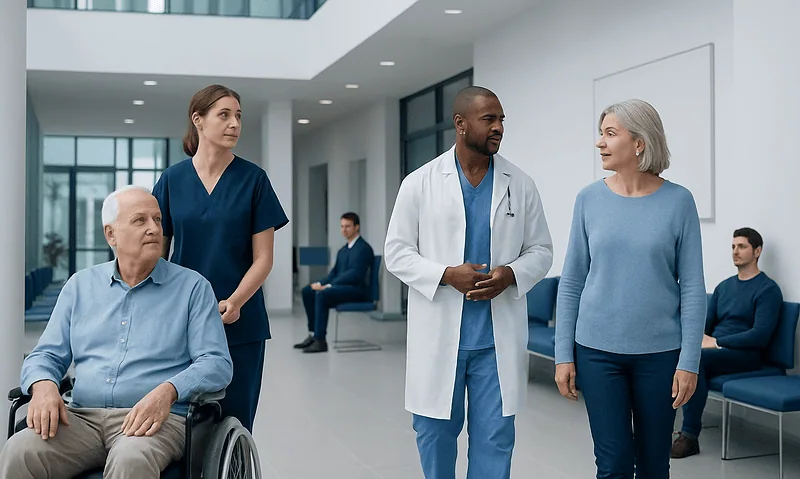 Diverse medical team consulting with elderly patient in hospital lobby.