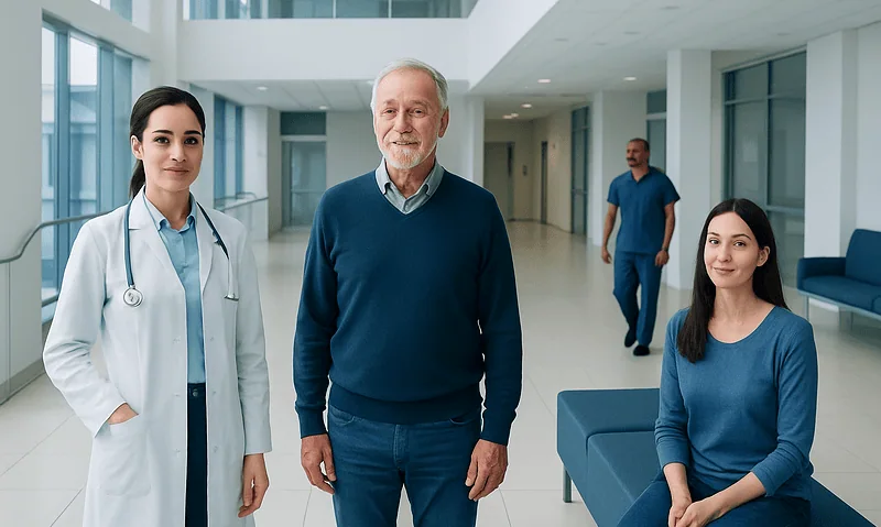 Healthcare professionals and patient in modern hospital lobby.