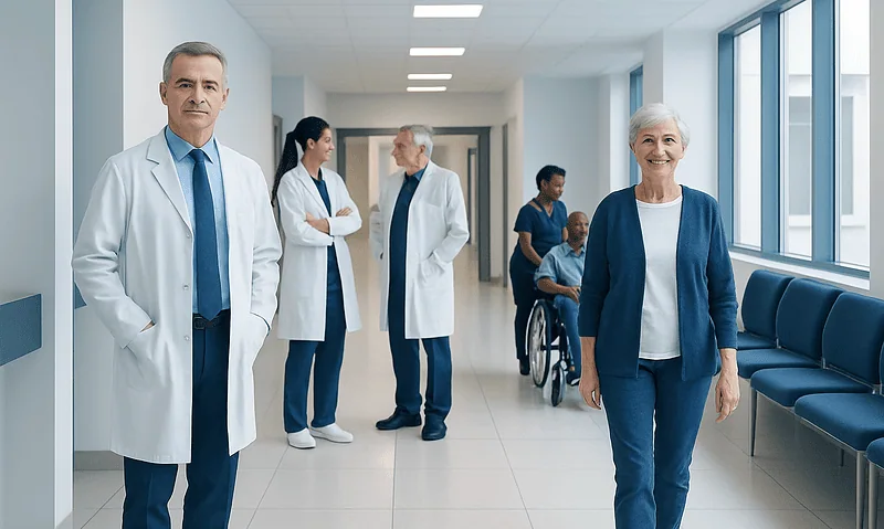 Healthcare professionals and elderly patients in a modern hospital corridor.