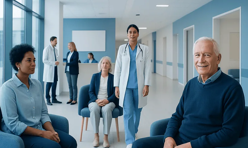 Healthcare professionals and elderly patients in a hospital corridor.