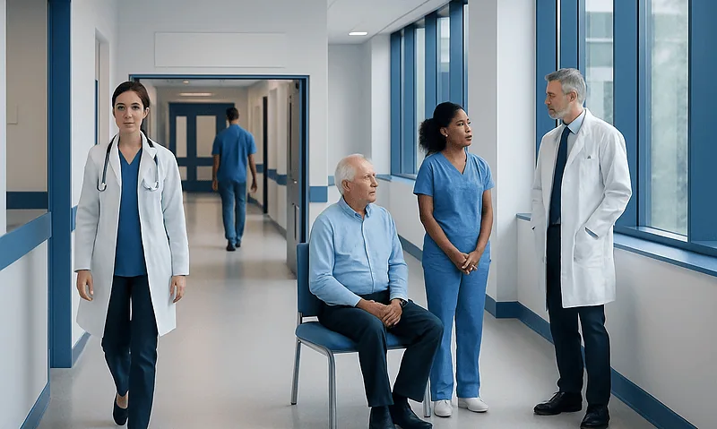 Medical team consulting with patient in hospital corridor.