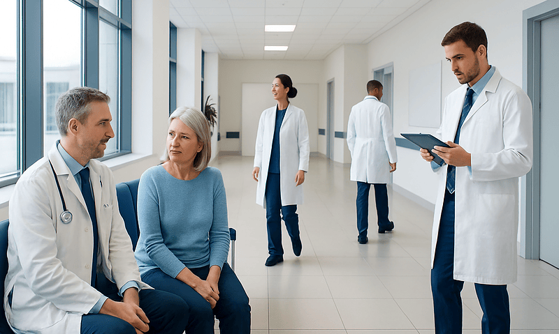 Medical team consulting with a patient in a hospital corridor.
