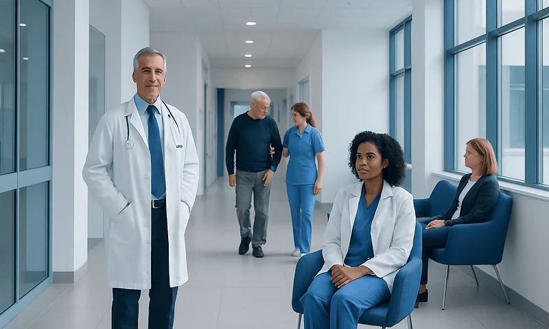 Medical professionals and patients in a modern hospital corridor.
