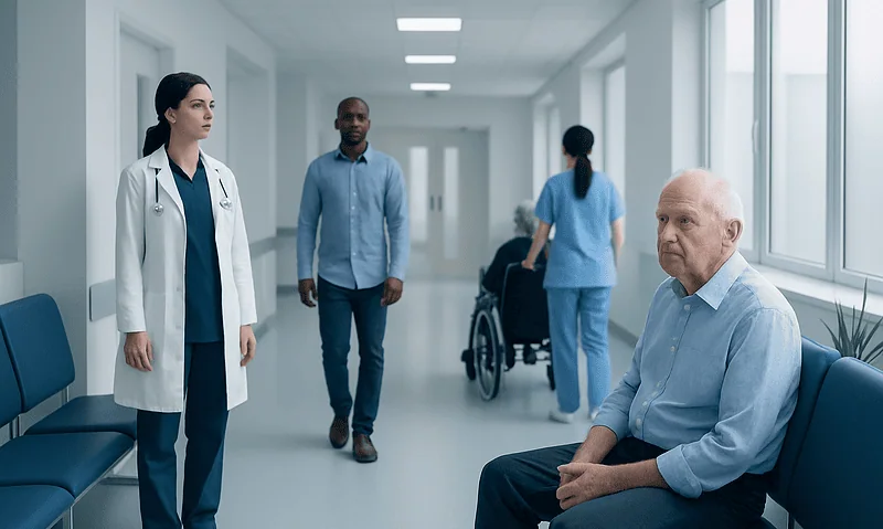 Elderly man waiting in hospital corridor with medical staff nearby.
