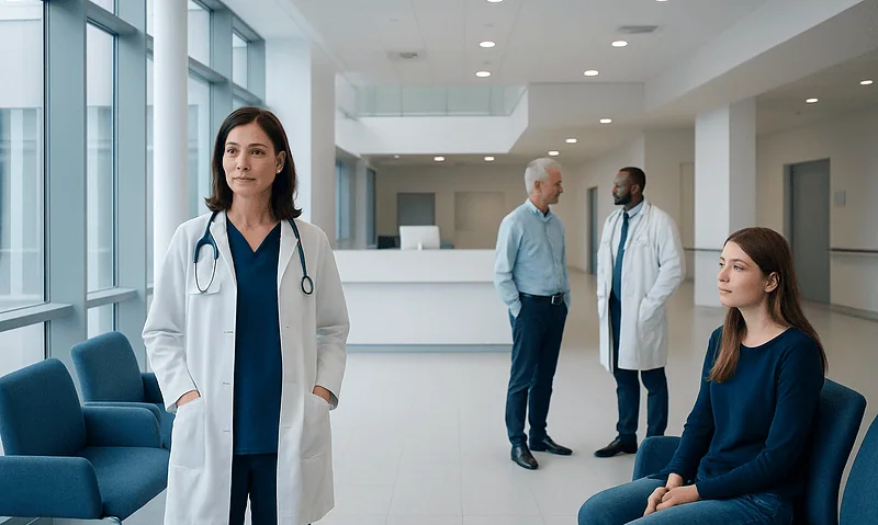 Medical professionals and patient in hospital lobby for lymphoma consultation.