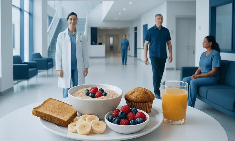 Healthy hospital breakfast with cereal, fruit, toast, and juice in a medical setting.