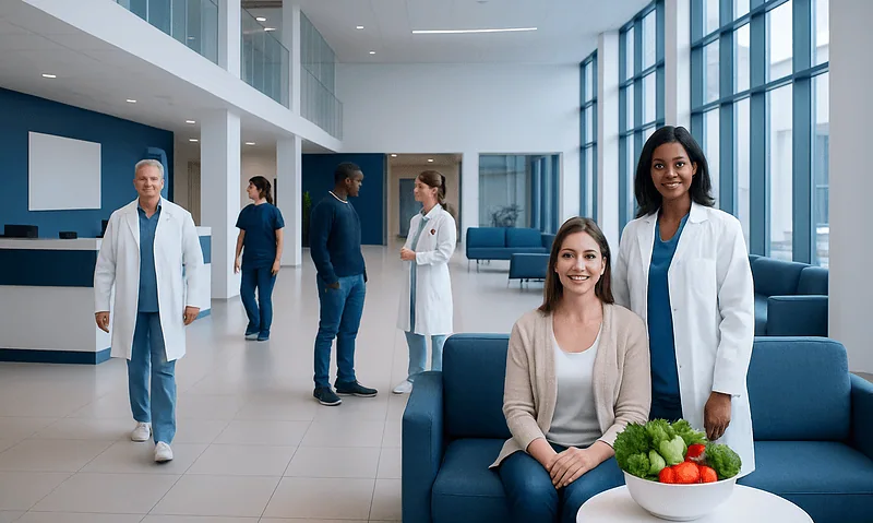 Healthy hospital environment with diverse medical staff and patients in a modern facility.