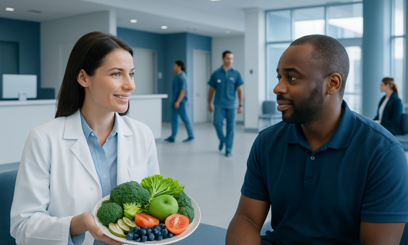 Healthcare professional discussing healthy foods with a patient in a hospital setting.